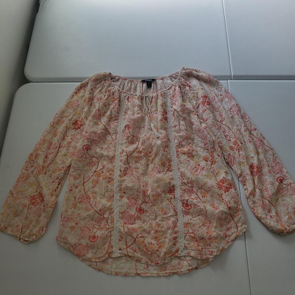 Chaps Tunic Blouse Womens Large Pink Floral Gauze Cotton Peasant Boho Top
